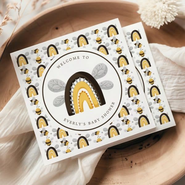 Baby Shower Invitation Featuring A Stylized Rainbow And Bees.