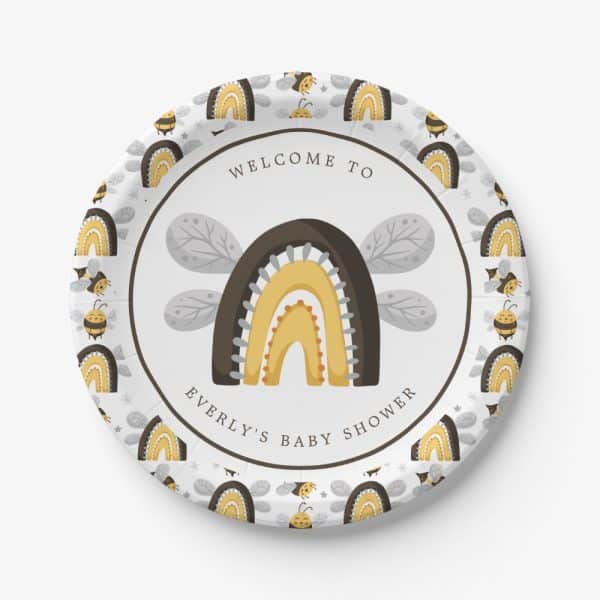 Baby Shower Paper Plate Featuring A Stylized Rainbow With Bee Wings And The Text Welcome To Everly'S Baby Shower. Small Bees And Rainbows Decorate The Border.