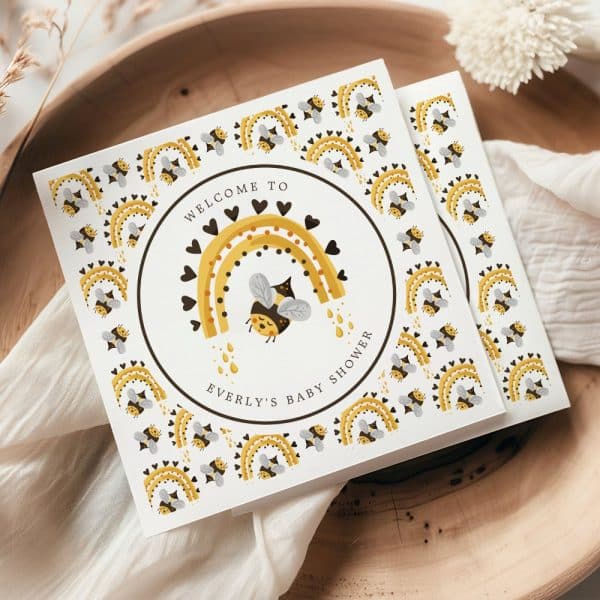 Baby Shower Invitation Featuring A Bee Under A Rainbow.