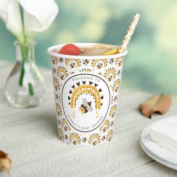 Baby Shower Cup With Bee And Rainbow Design.