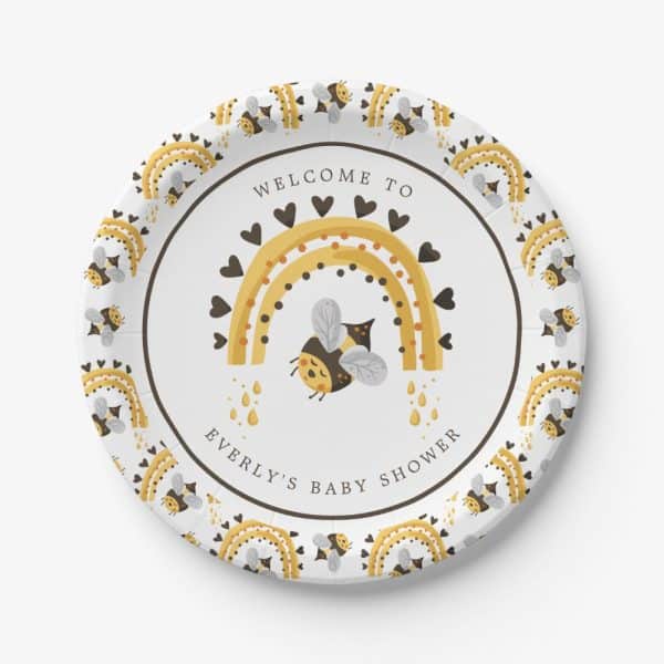 Paper Plate For Everly'S Baby Shower, Featuring A Bumble Bee Under A Rainbow.