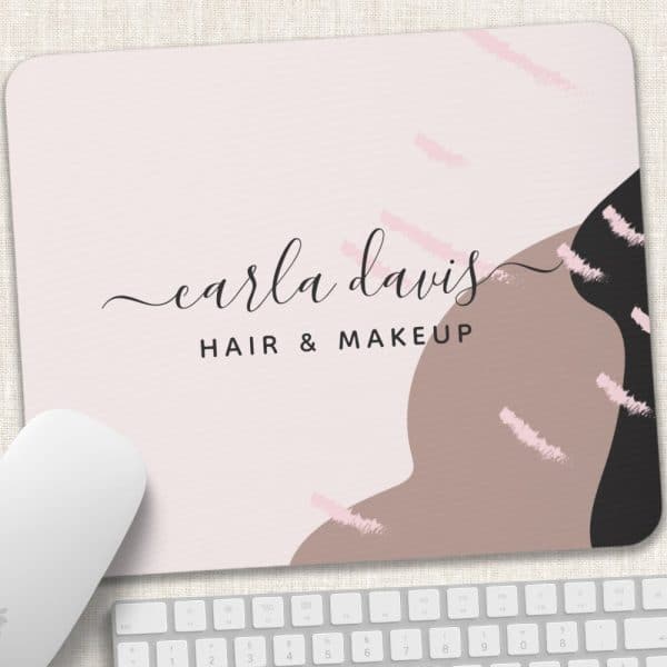 Mousepad Featuring Carla Davis Hair &Amp; Makeup Logo With Abstract Shapes And Brushstrokes In Pink, Brown, And Black.