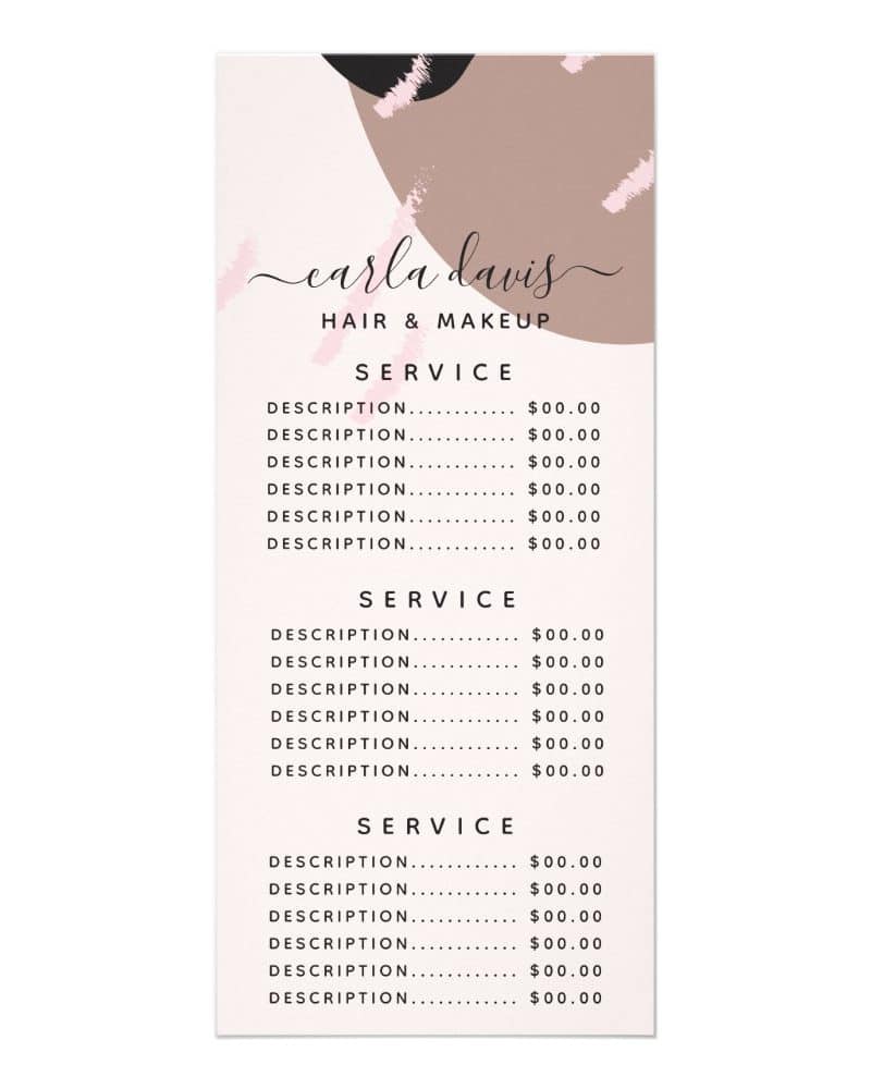 Carla Davis hair and makeup price list.
