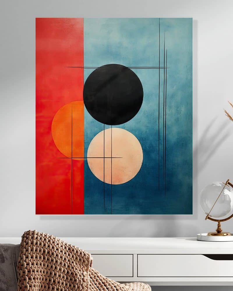 Abstract painting with three overlapping circles in red, black, and peach on a blue background, overlaid with thin, vertical lines.
