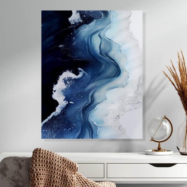 Abstract Painting Of Swirling Blues And Whites, Resembling Flowing Water Or Clouds.