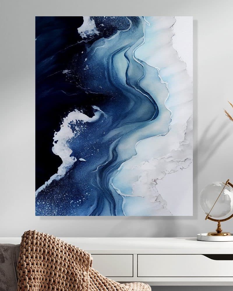 Abstract painting of swirling blues and whites, resembling flowing water or clouds.