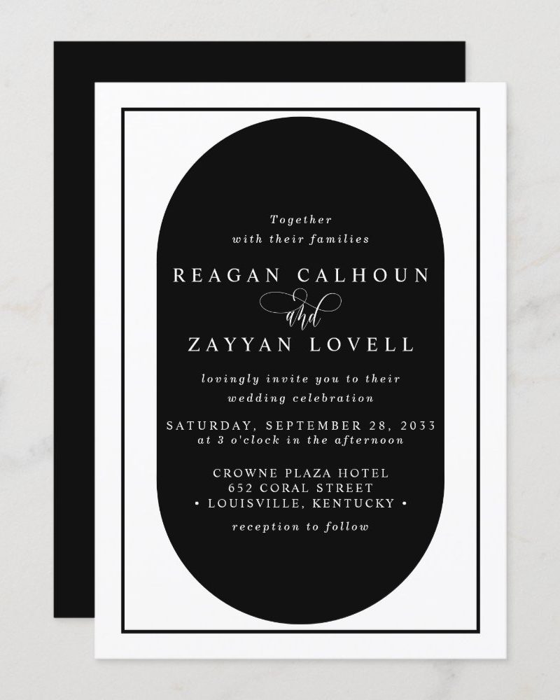 Black and white wedding invitation for Reagan Calhoun and Zayyan Lovell.
