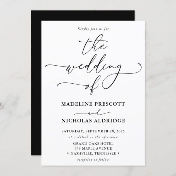 Wedding Invitation For Madeline Prescott And Nicholas Aldridge, September 28, 2025, At The Grand Oaks Hotel In Nashville, Tennessee.