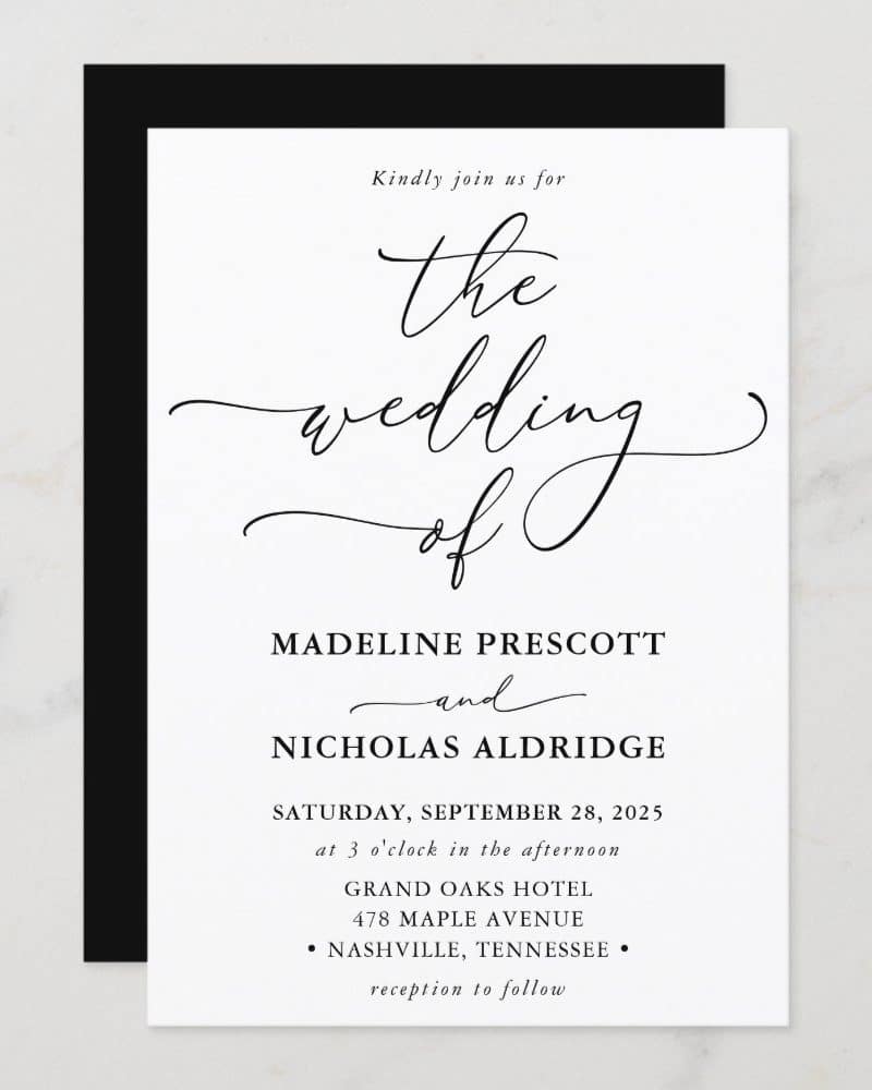 Wedding invitation for Madeline Prescott and Nicholas Aldridge, September 28, 2025, at the Grand Oaks Hotel in Nashville, Tennessee.
