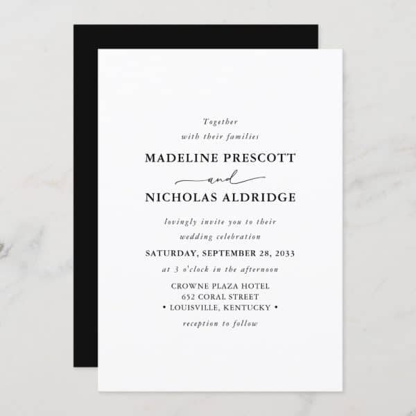 Wedding Invitation For Madeline Prescott And Nicholas Aldridge, September 28, 2033, At The Crowne Plaza Hotel In Louisville, Kentucky.