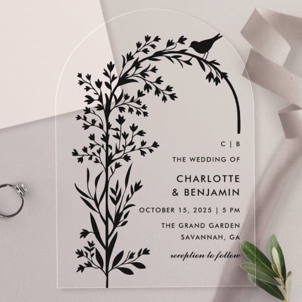 Clear Acrylic Wedding Invitation With Black Floral Illustration And Bird, Announcing Charlotte And Benjamin'S Wedding.