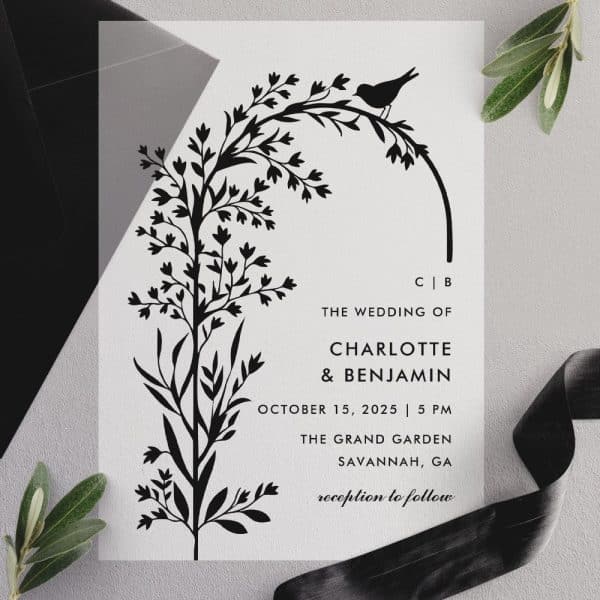 Wedding Invitation With Black Floral Illustration And Bird.