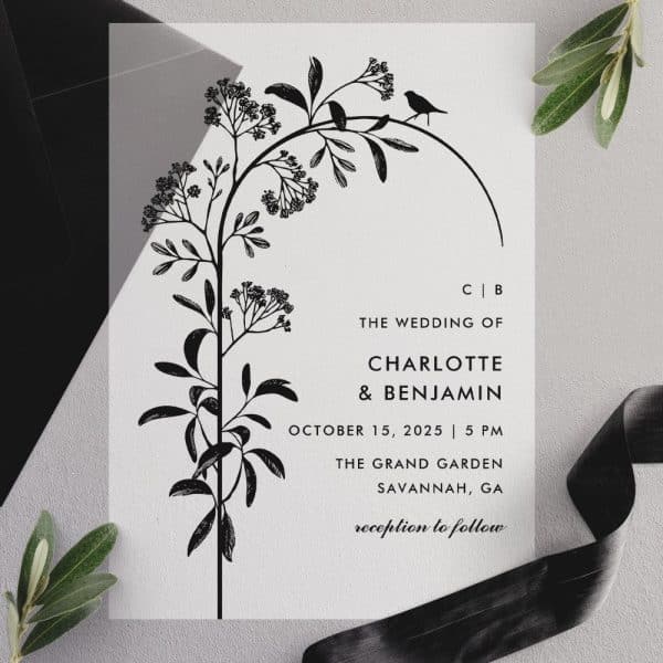 Wedding Invitation With Black Floral Illustration And Text Announcing Charlotte And Benjamin'S Wedding.