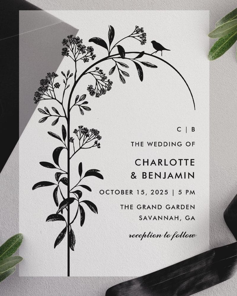 Wedding invitation with black floral illustration and text announcing Charlotte and Benjamin's wedding.