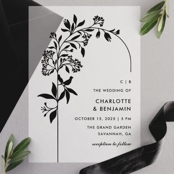 Wedding Invitation Featuring A Black Floral Illustration With A Bird, Announcing Charlotte And Benjamin'S Wedding.