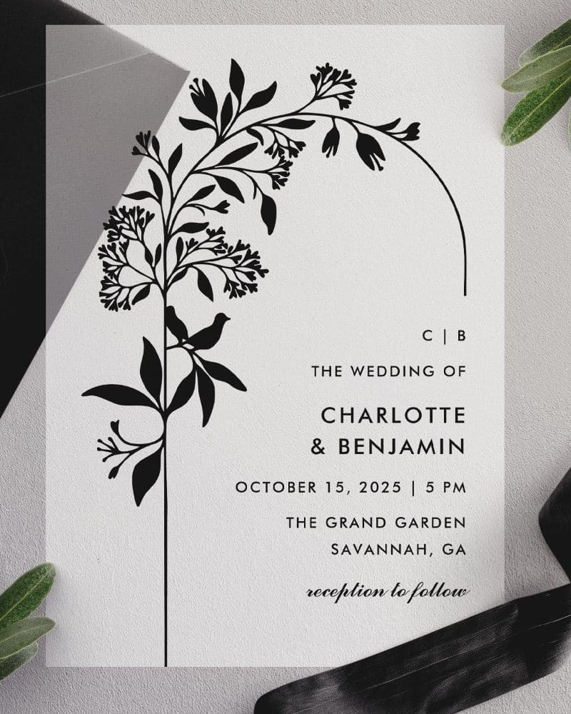 Wedding invitation featuring a black floral illustration with a bird, announcing Charlotte and Benjamin's wedding.