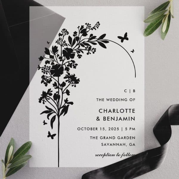 Black And White Wedding Invitation With Floral Illustration.