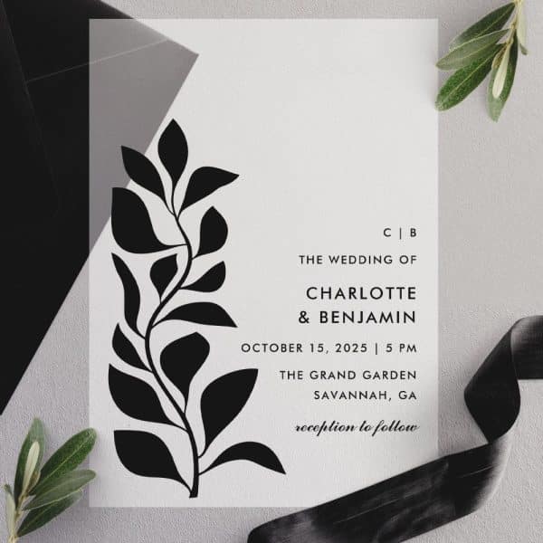 Wedding Invitation With A Stylized Black Floral Design.