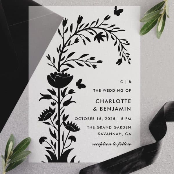 Wedding Invitation With Black Floral Illustration.