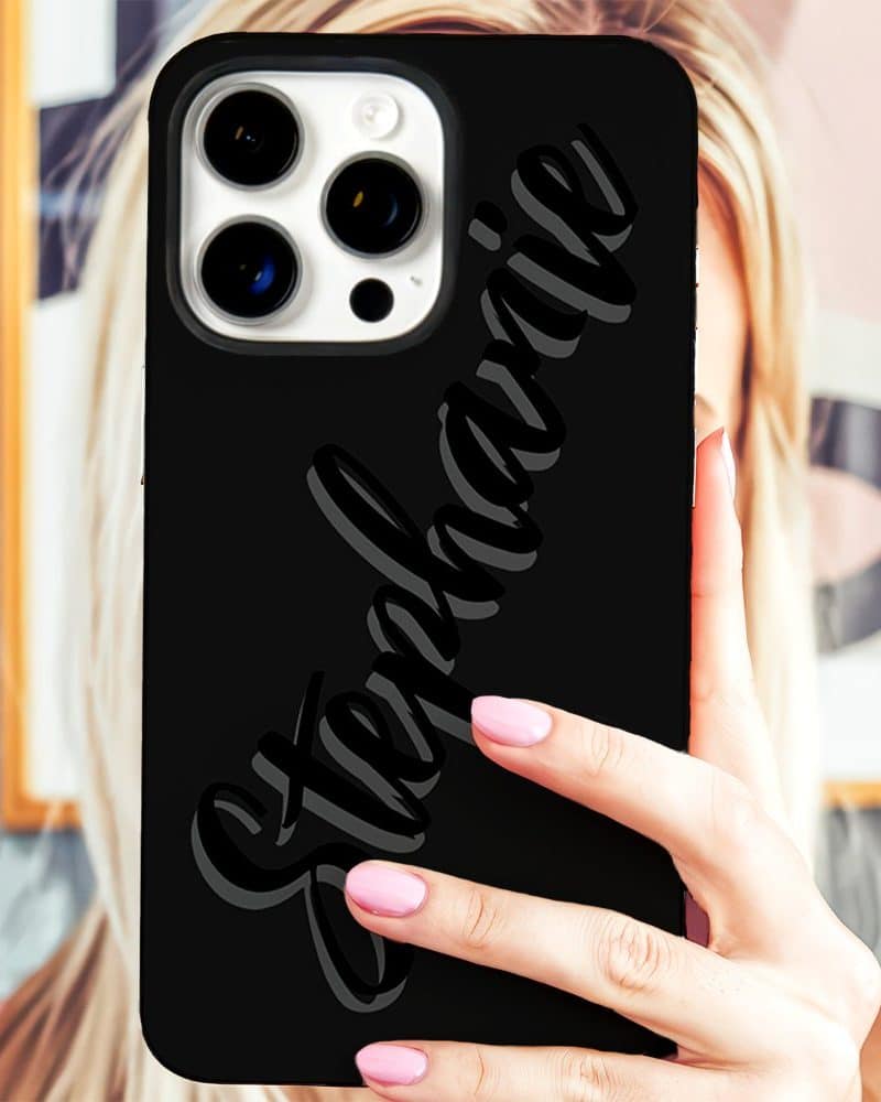 Black iPhone case with the name Stephanie in stylized lettering.