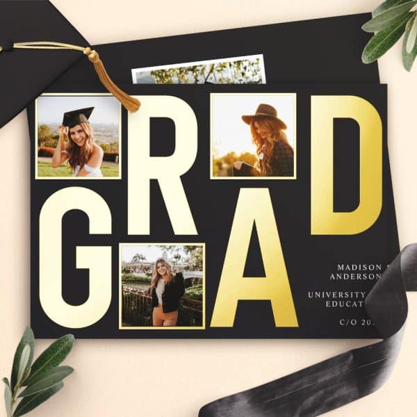 Graduation Announcement With Gold Grad Text And Four Photos Of The Graduate.