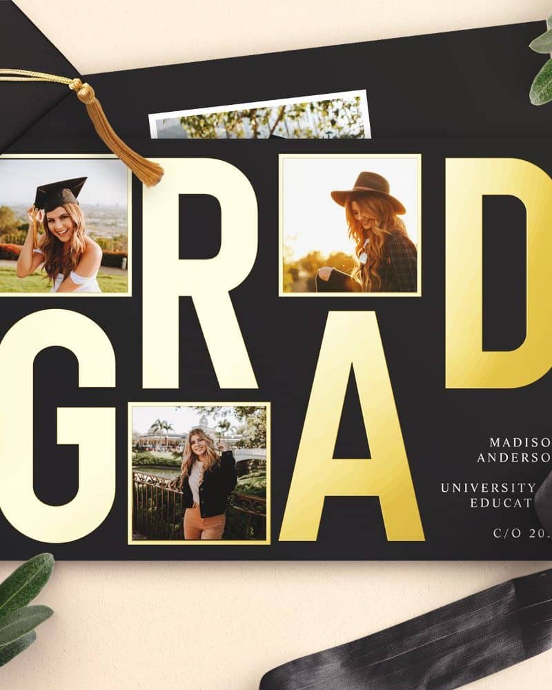 Graduation announcement with gold GRAD text and four photos of the graduate.