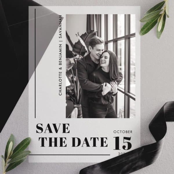 Black And White Photo Of A Couple Embracing, Save The Date Announcement, October 15.
