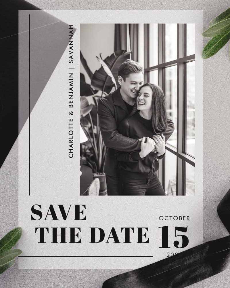 Black and white photo of a couple embracing, Save the Date announcement, October 15.