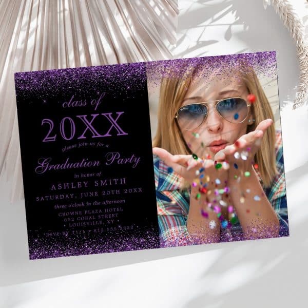 Graduation Party Invitation For Ashley Smith, Class Of 20Xx, Featuring A Photo Of Her Blowing Confetti.