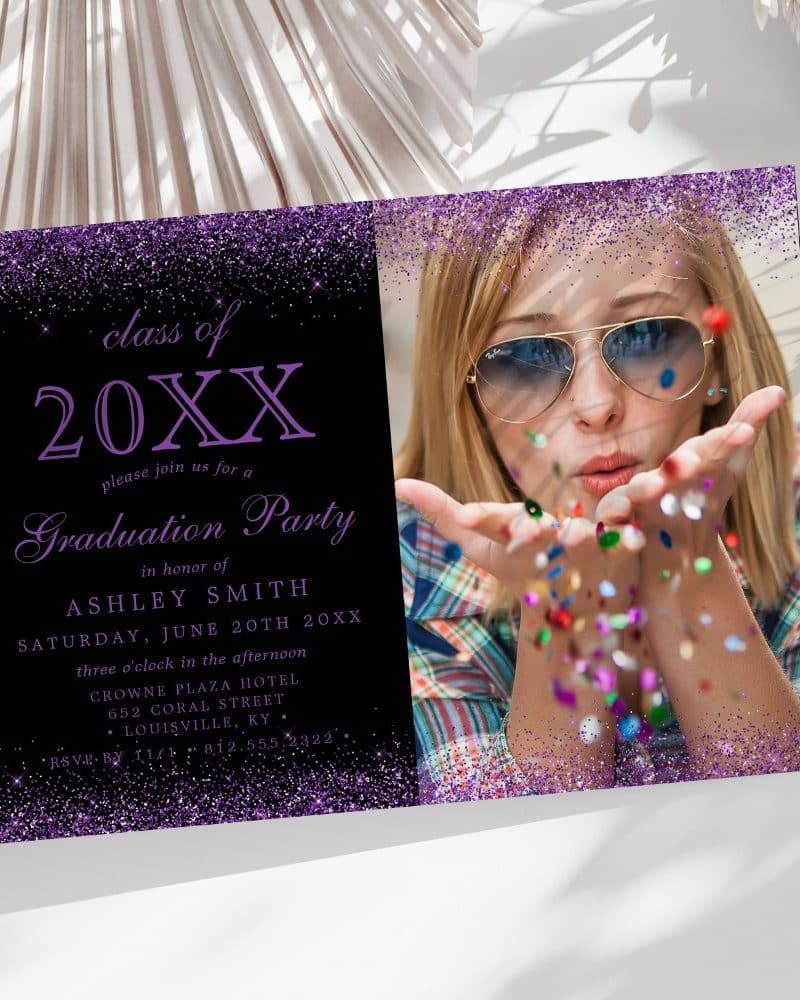 Graduation party invitation for Ashley Smith, class of 20XX, featuring a photo of her blowing confetti.