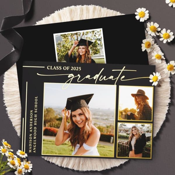 Black Graduation Announcement With Gold Lettering, Featuring Three Photos Of A Smiling Female Graduate.