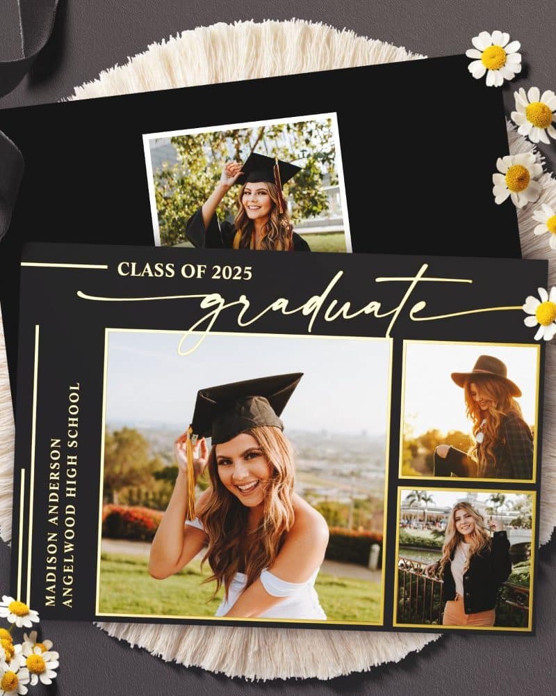 Black graduation announcement with gold lettering, featuring three photos of a smiling female graduate.