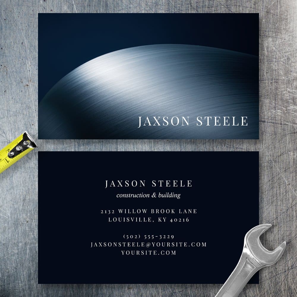 Jaxson Steele Construction And Building Business Card Featuring A Brushed Metal Design.