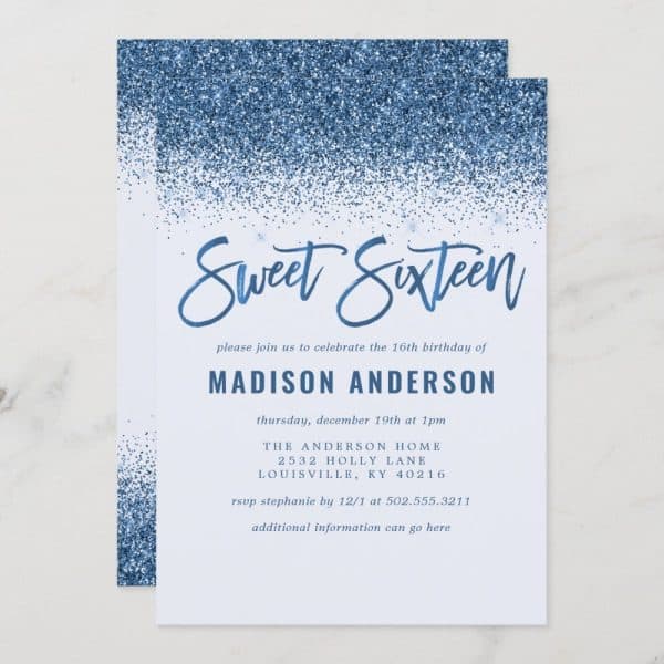 Blue Glitter Sweet Sixteen Invitation For Madison Anderson.