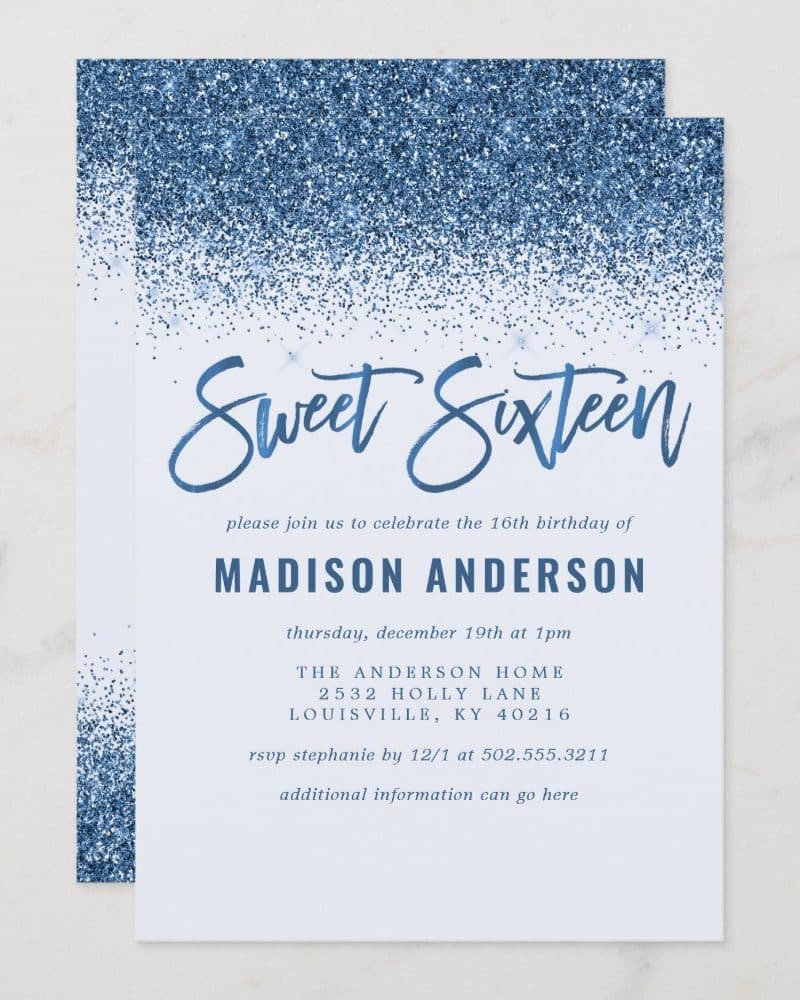 Blue glitter Sweet Sixteen invitation for Madison Anderson.