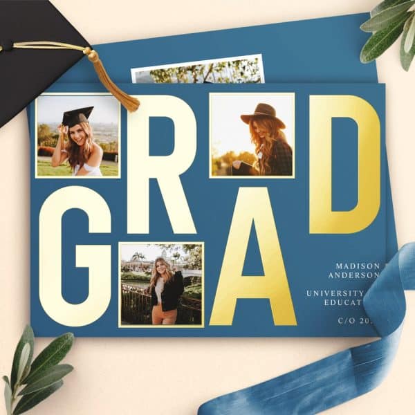 Graduation Announcement With Gold Grad Text And Four Photos Of The Graduate.