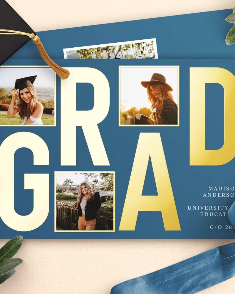 Graduation announcement with gold GRAD text and four photos of the graduate.