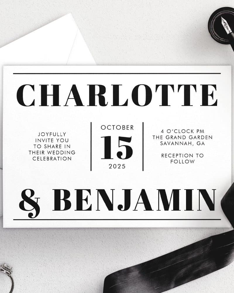 Wedding invitation for Charlotte and Benjamin, October 15, 2025, at The Grand Garden in Savannah, Georgia.