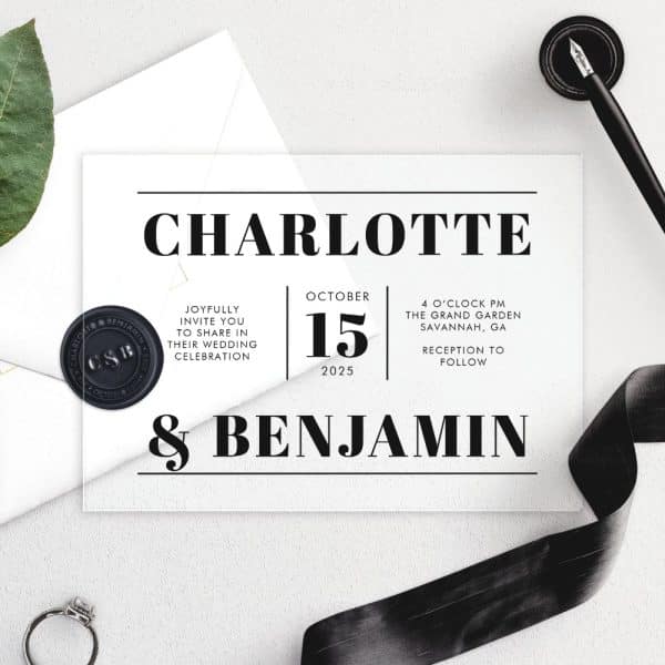 Clear Wedding Invitation For Charlotte And Benjamin, October 15, 2025.