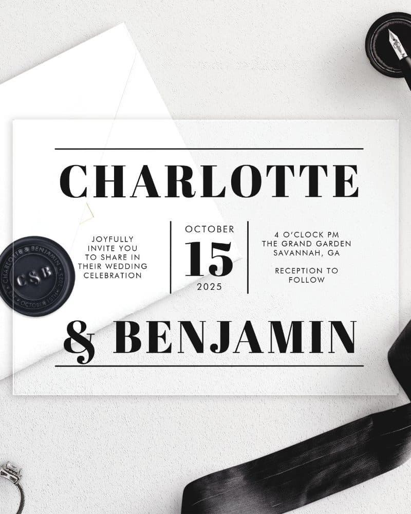 Clear wedding invitation for Charlotte and Benjamin, October 15, 2025.
