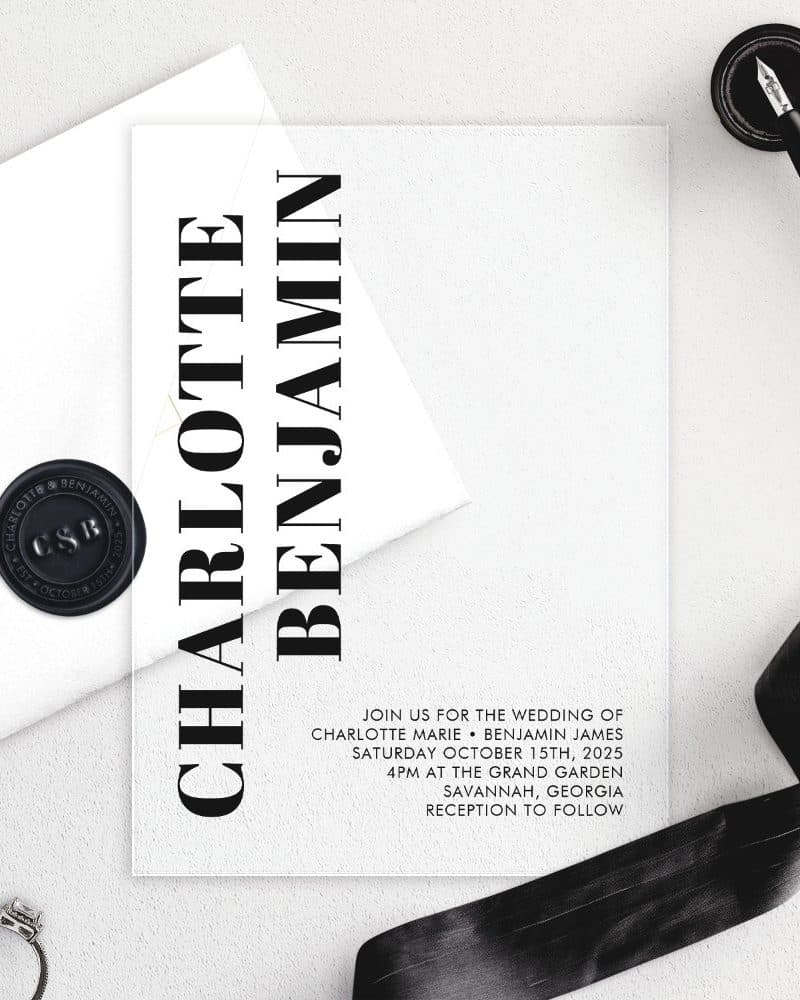 Clear acrylic wedding invitation with the names Charlotte and Benjamin in bold, black lettering.