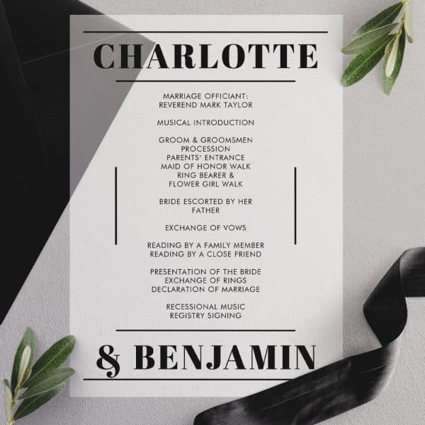 Wedding Program For Charlotte And Benjamin.
