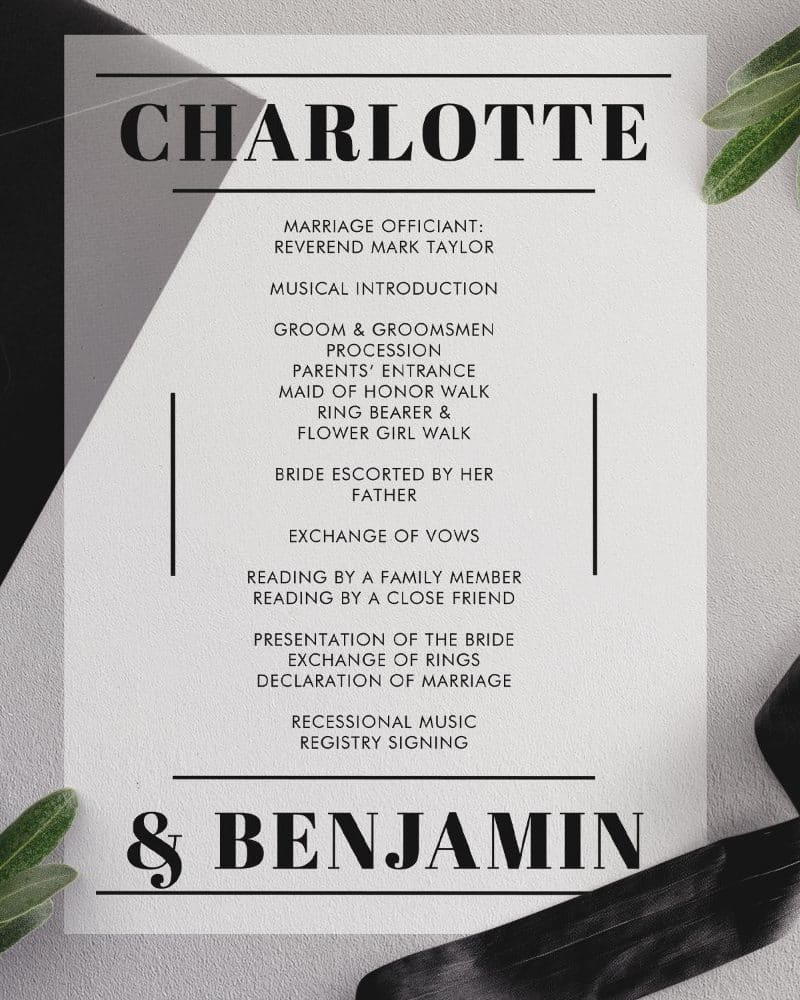 Wedding program for Charlotte and Benjamin.