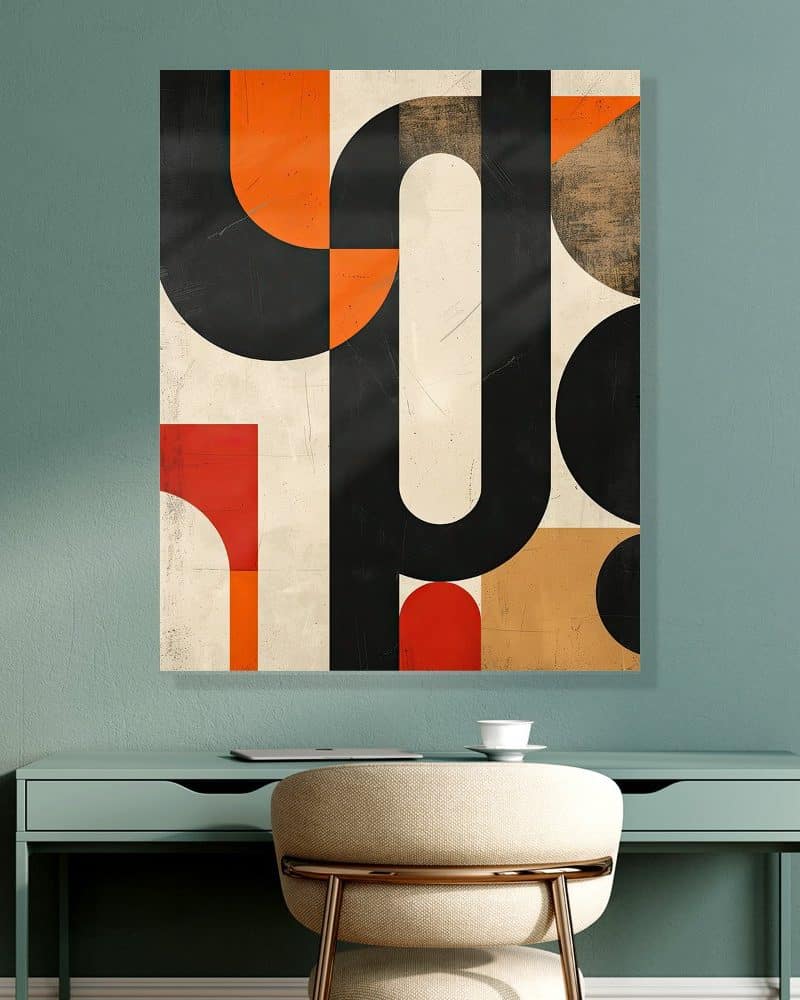 Abstract geometric art in black, orange, red, and beige.