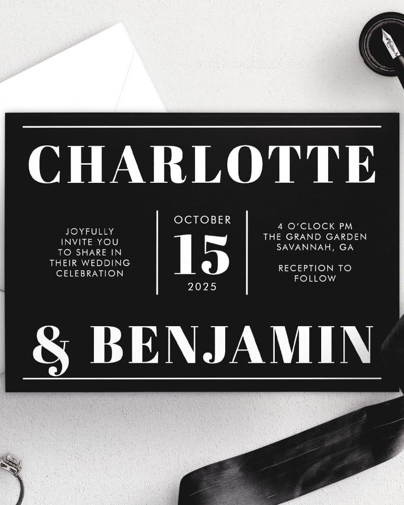 Black and white wedding invitation for Charlotte and Benjamin, October 15, 2025.