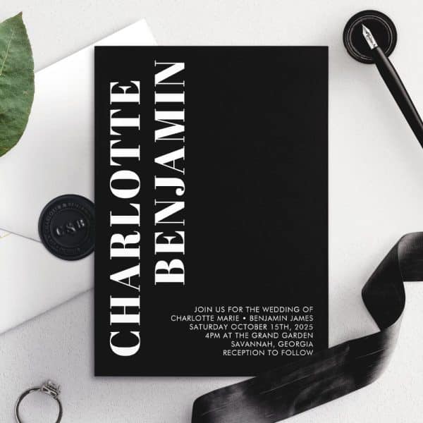 Black Wedding Invitation With The Names Charlotte And Benjamin In Large White Text.