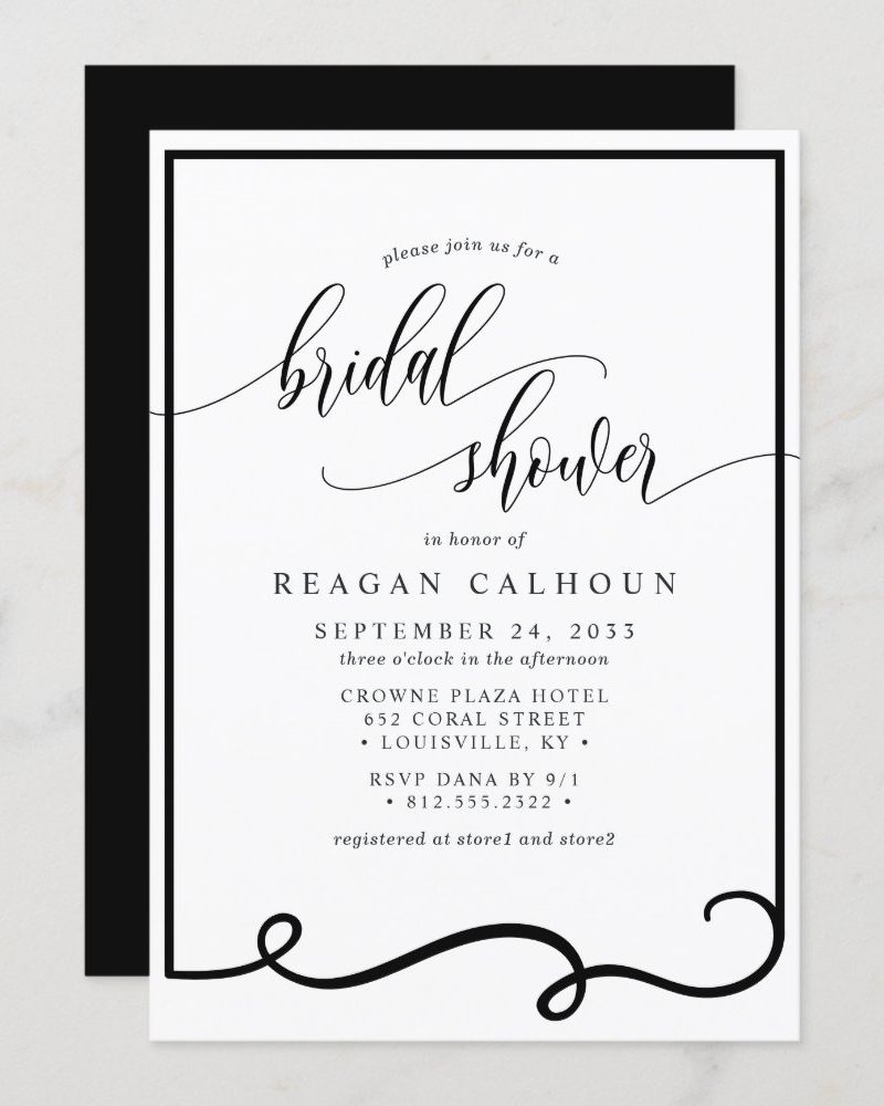 Modern Calligraphy Frame Black White Bridal Shower Invitation