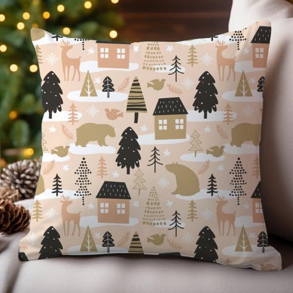 Beige Throw Pillow With A Repeating Pattern Of Winter Animals And Houses.