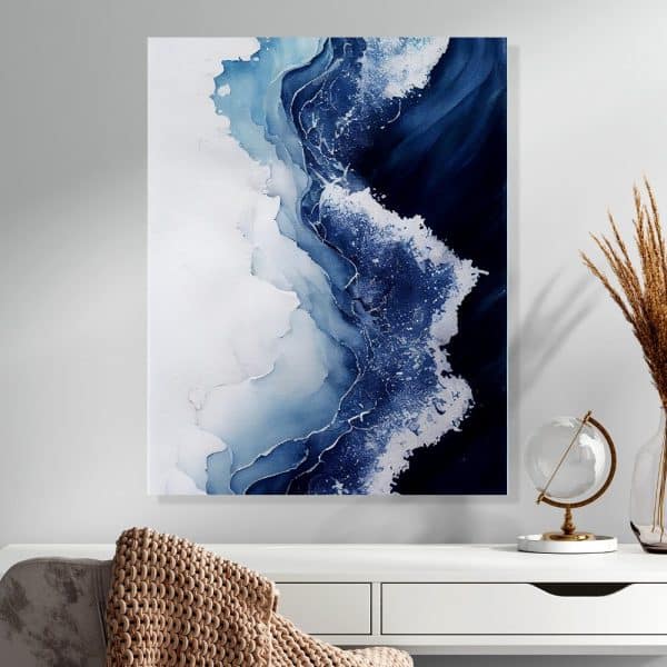 Abstract Painting Of Blue And White Waves.