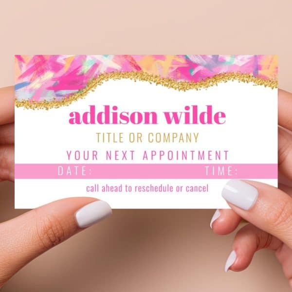 Pink And Gold Appointment Reminder Card With Addison Wilde'S Name And Contact Information.